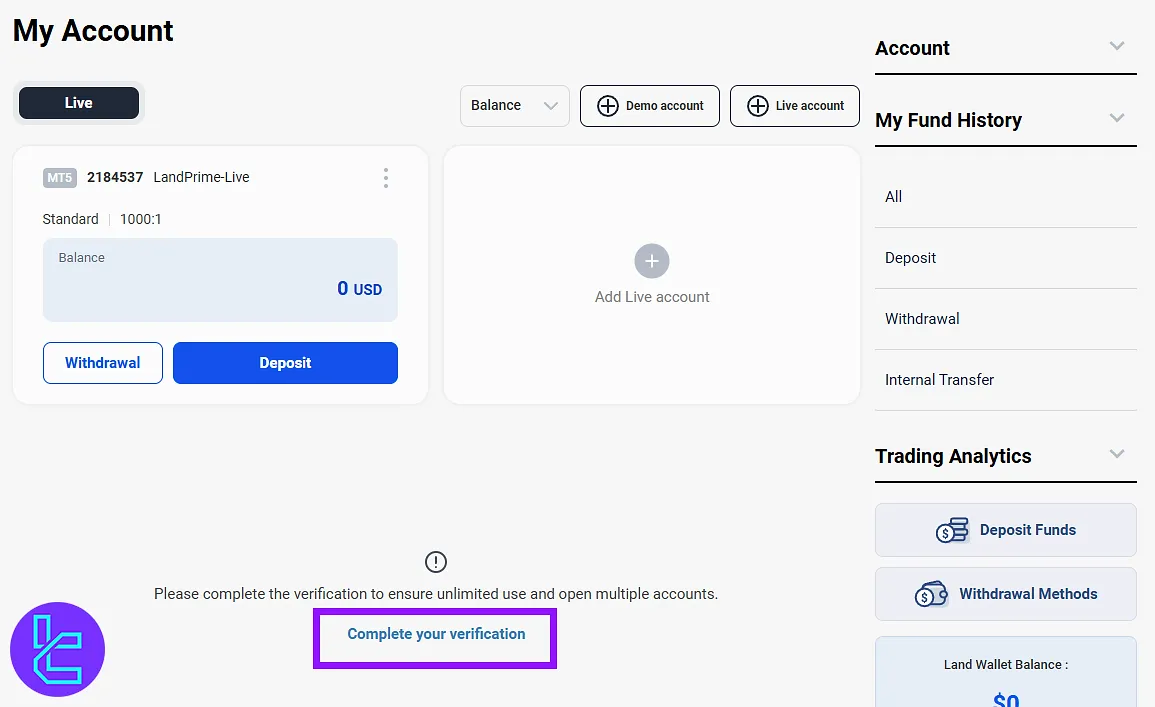 Initiating Land Prime verification in the dashboard
