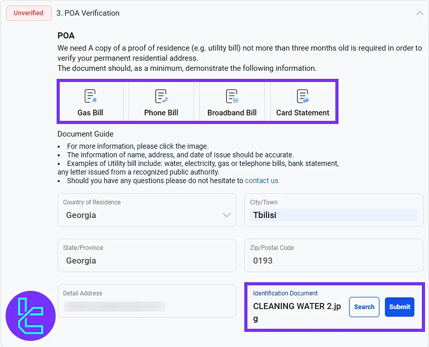Submitting address confirmation document and entering residential details for the Land Prime KYC
