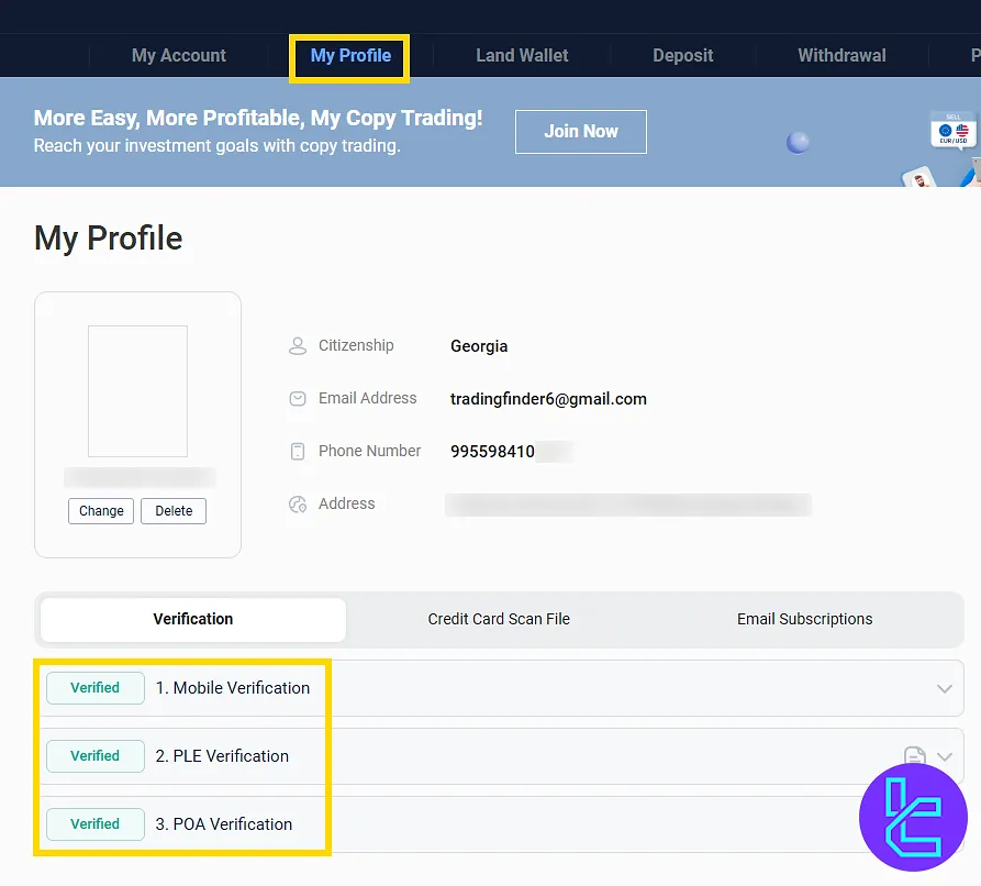 Accessing "My Profile" section to review the Land Prime KYC status