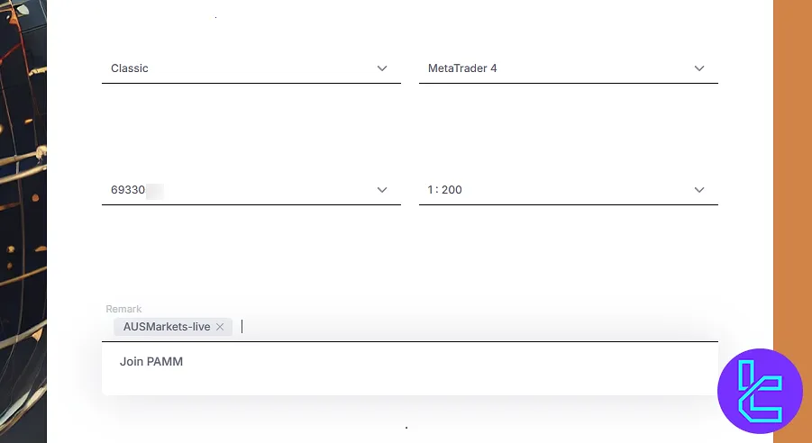Choosing trading account information for AUS GLOBAL authentication