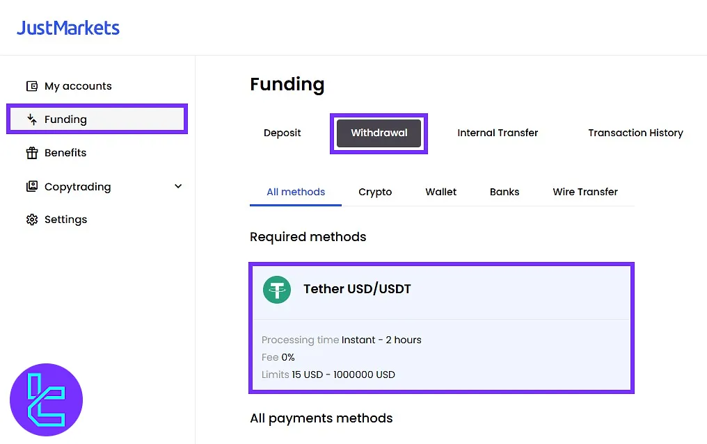 Select JustMarkets ERC-20 USDT payout option from the dashboard