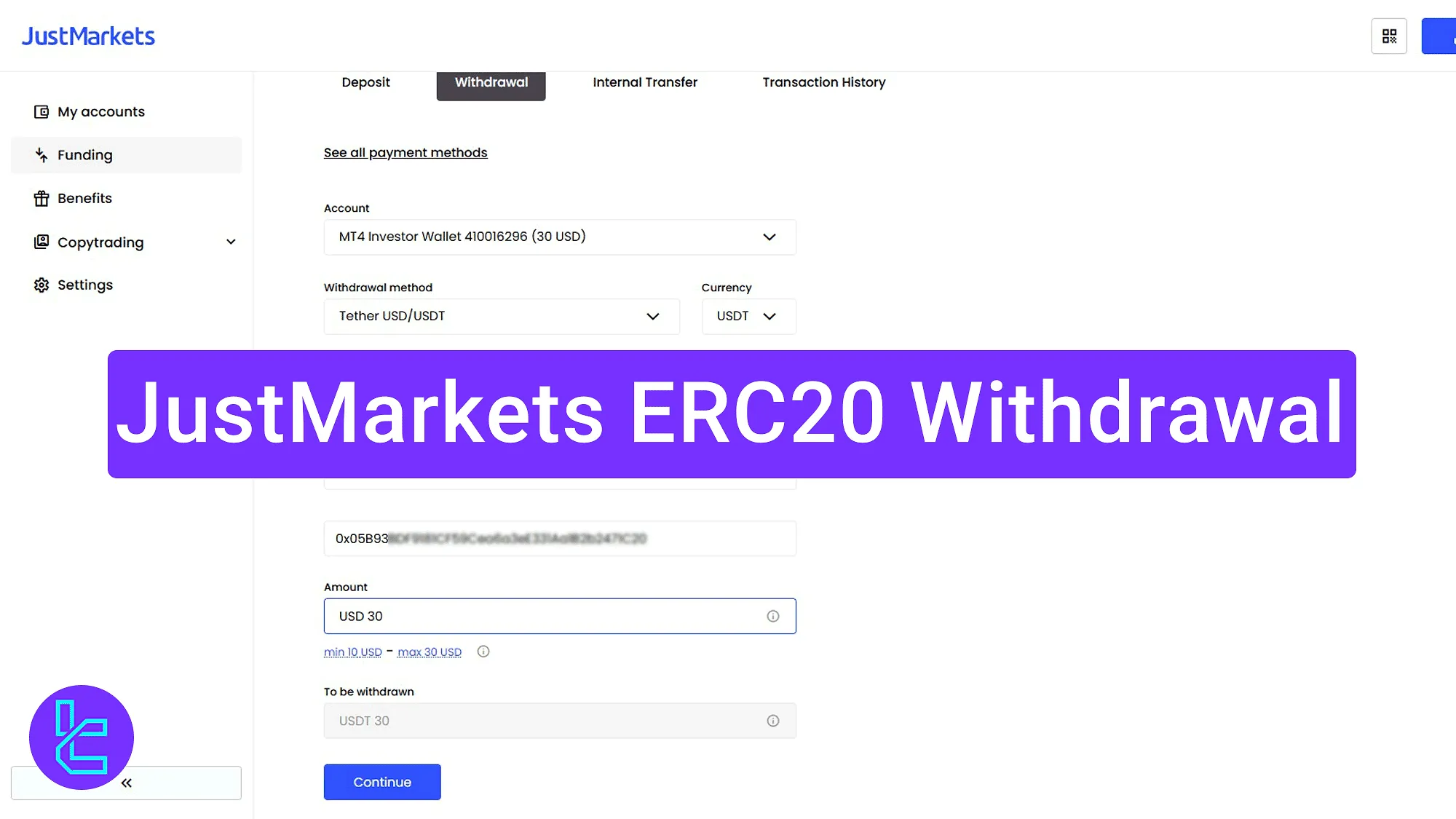 Withdraw USDT using ERC20 from JustMarkets accounts