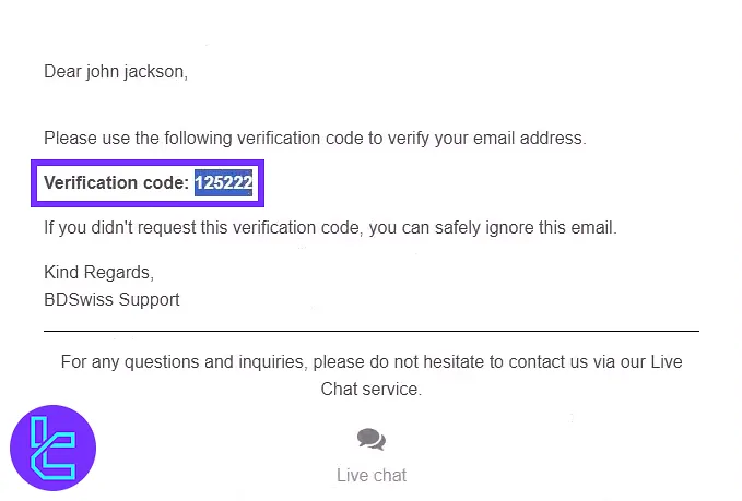 verification email from BDSwiss containing a 6-digit code for the sign-up process