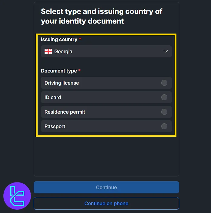 Choosing document type for the ICM.com KYC process