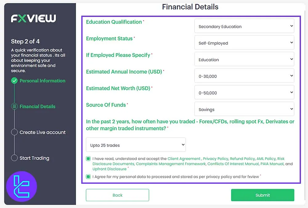 Fxview Financial & Experience Form to Sign Up