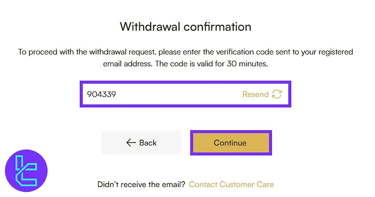 Inputting email code and finalizing Headway TRC20 cash-out