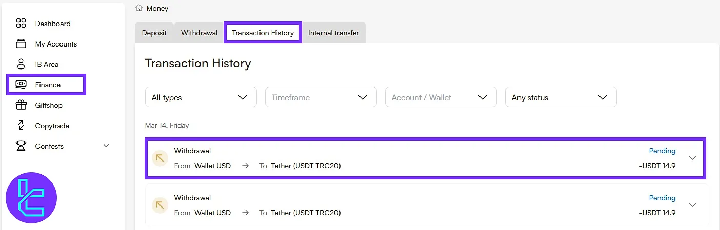 Accessing transaction history to review current Headway TRC-20 payout status