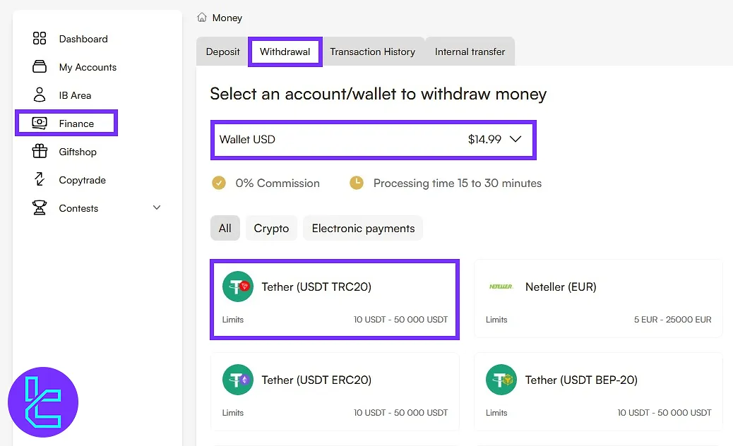 Navigating to finance section and choosing the Headway TRC20 cash-out option