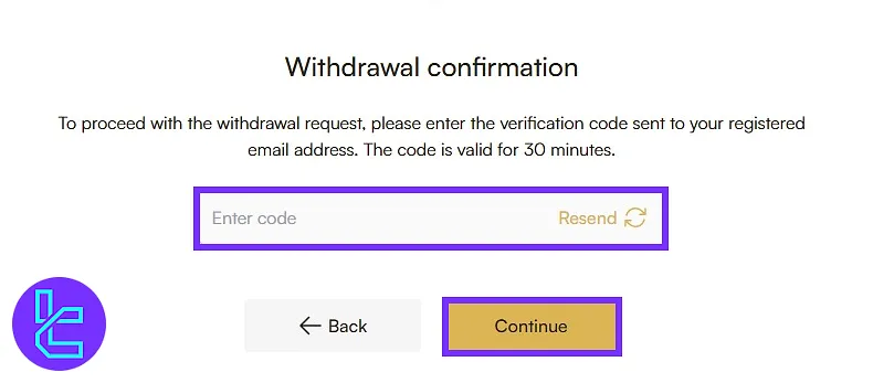Submitting email code to confirm the Headway USDT ERC20 withdrawal