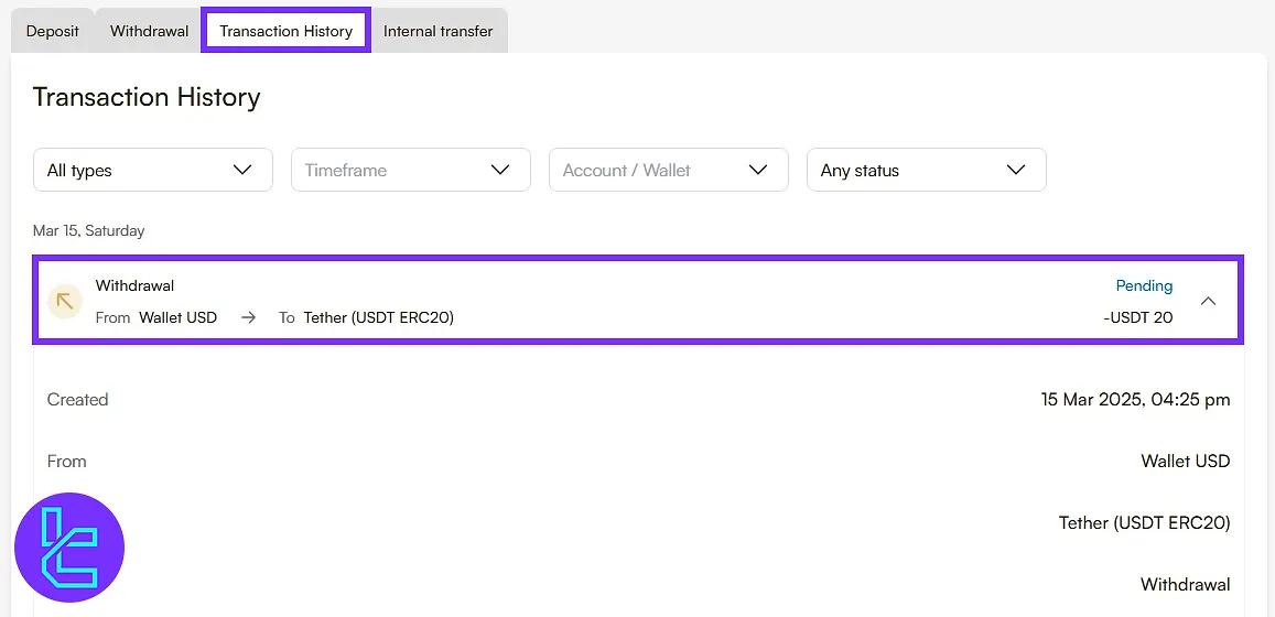Viewing Headway ERC20 withdrawal in the transaction history section
