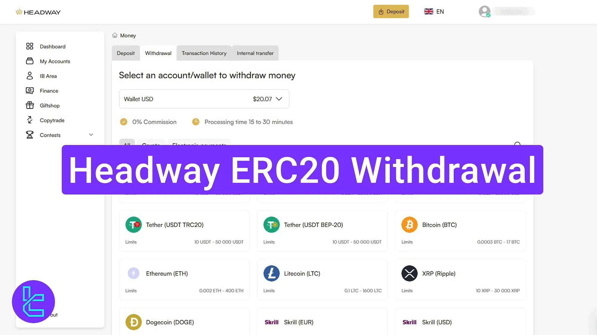 Headway ERC20 USDT cash-out process with email confirmation