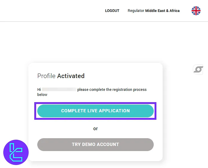 The VARIANSE KYC starts with clicking on the "Complete Live Application" button