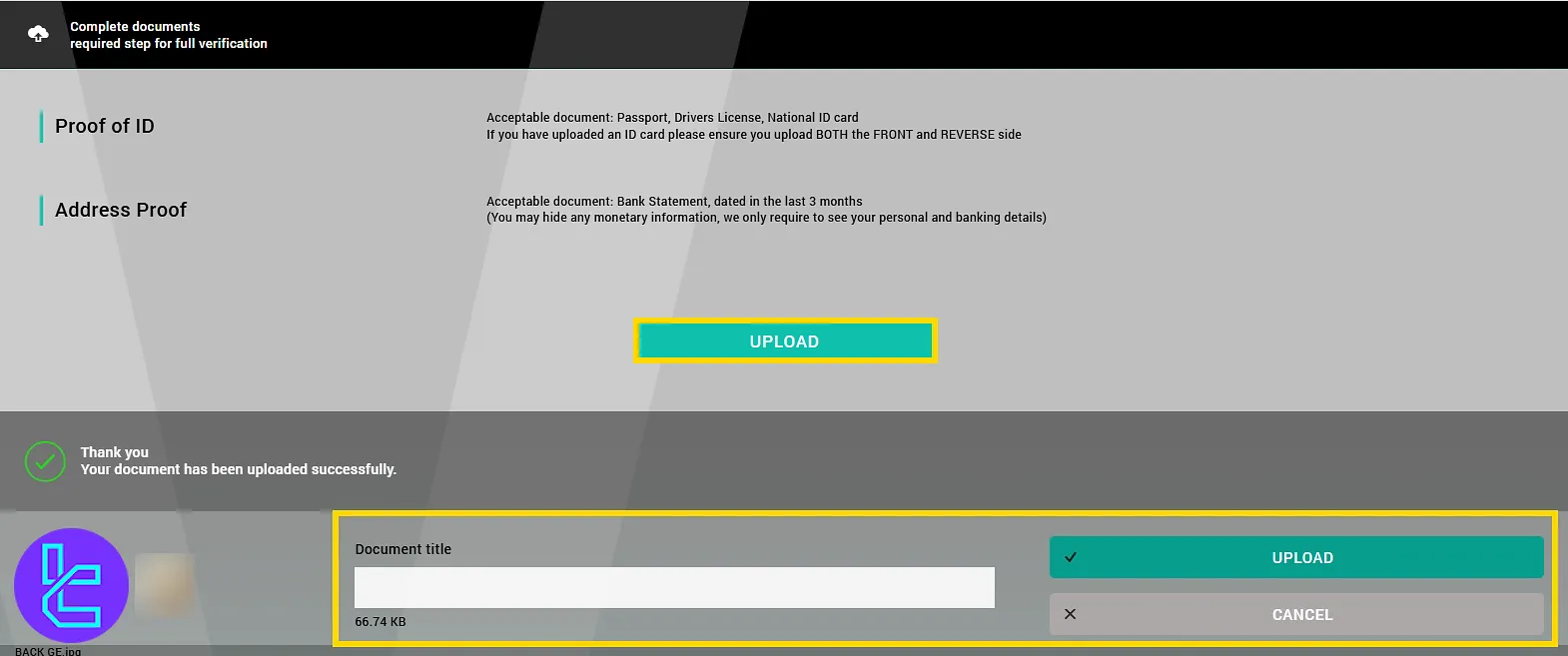 Uploading ID and address confirmation documents on the VARIANSE broker