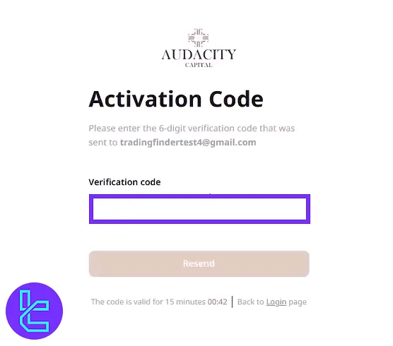 Entering verification code from email into the AudaCity Capital form to complete the sign-up process
