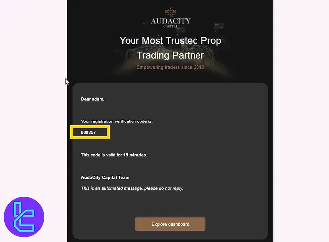 Receiving activation code email from during the AudaCity Capital account creation process