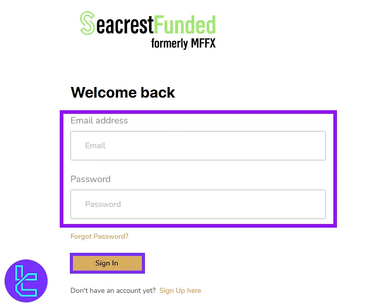 Entering login credentials on SeacrestFunded platform after signing up