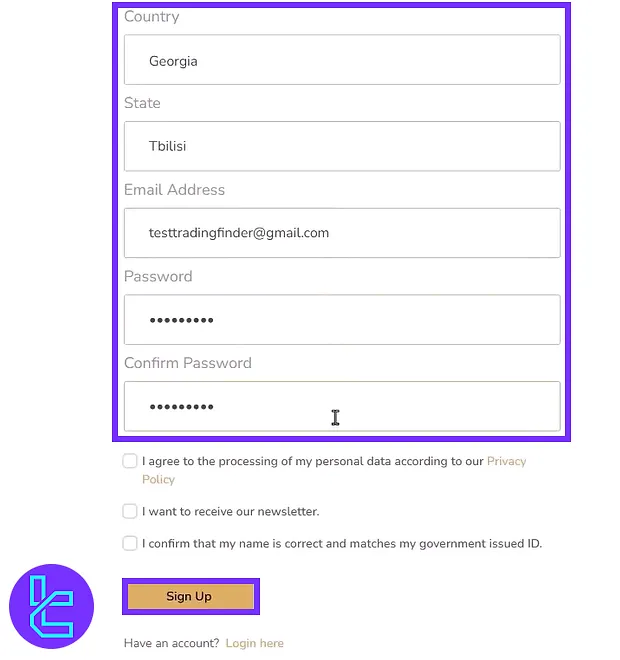 Entering personal information in the SeacrestFunded account creation form