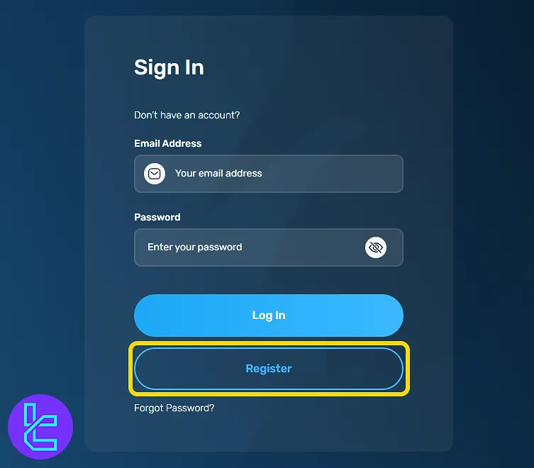 Blue Guardian login page with the option to register a new account