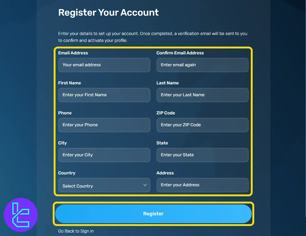 entering personal details on the Blue Guardian sign-up page