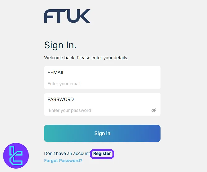 Login page with the option to register a new FTUK account