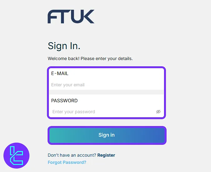 login page after FTUK account setup