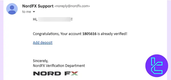 Email confirmation of NordFX account approval