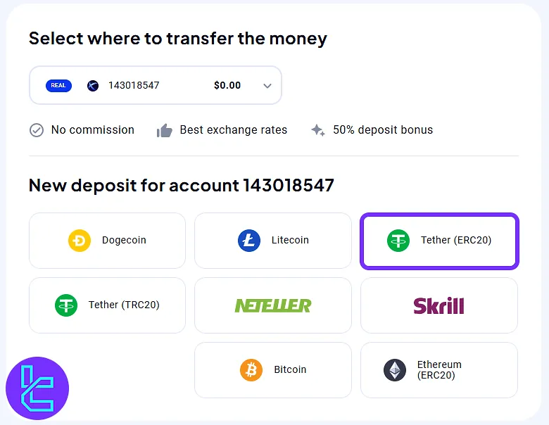 choosing Tether ERC20 as a funding option on the OctaFX