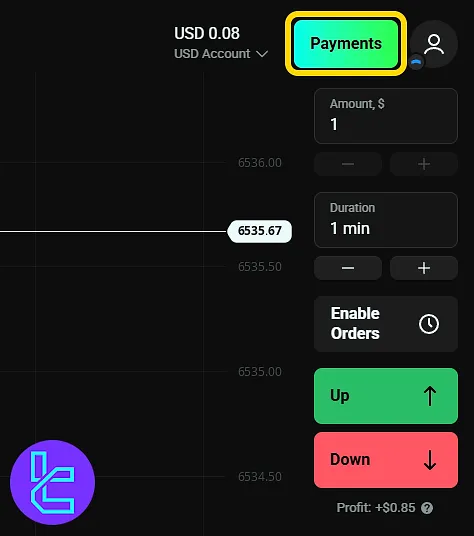 OlympTrade dashboard showing access to the "Payments" menu to fund with the Visa/Mastercard
