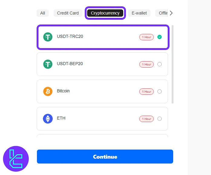 PU Prime TRC20 payment option among other cryptocurrency funding methods