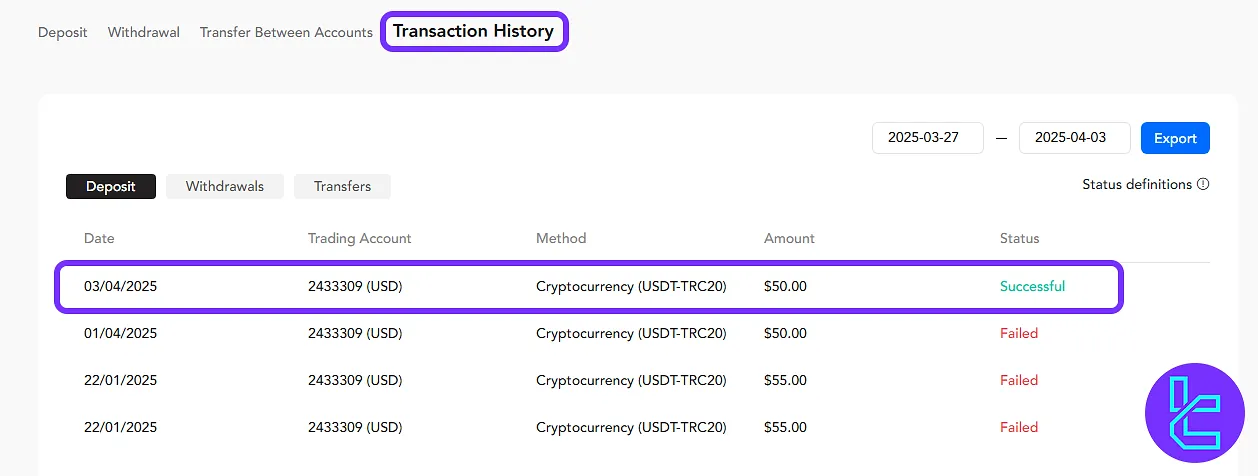 Transaction record showing successful TRC20 top-up in the PU Prime broker