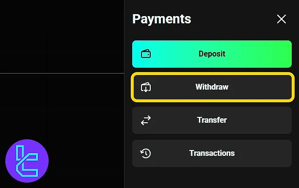Selecting the "Withdraw" option in the OlympTrade dashboard to proceed with the Visa cash-out