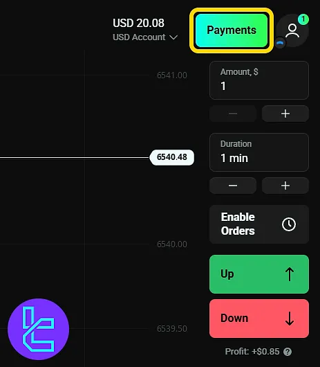 Accessing the OlympTrade payments menu from the dashboard to cash out using bank cards