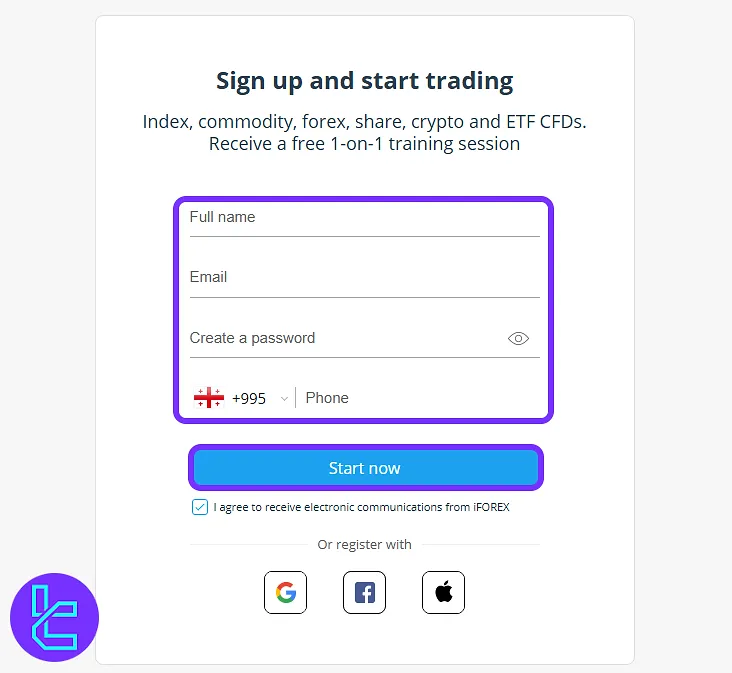 iFOREX sign-up form for entering personal details