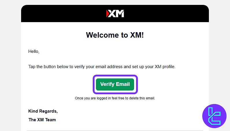 XMTrading verification email with the activation link in the sign-up process