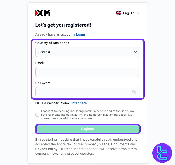 XMTrading sign-up form with country, email, and password setup