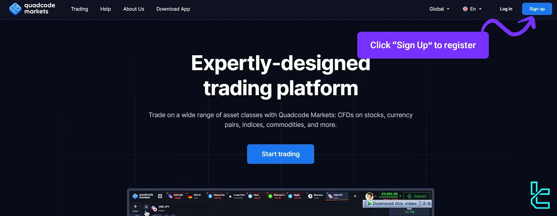 Quadcode Markets sign up button