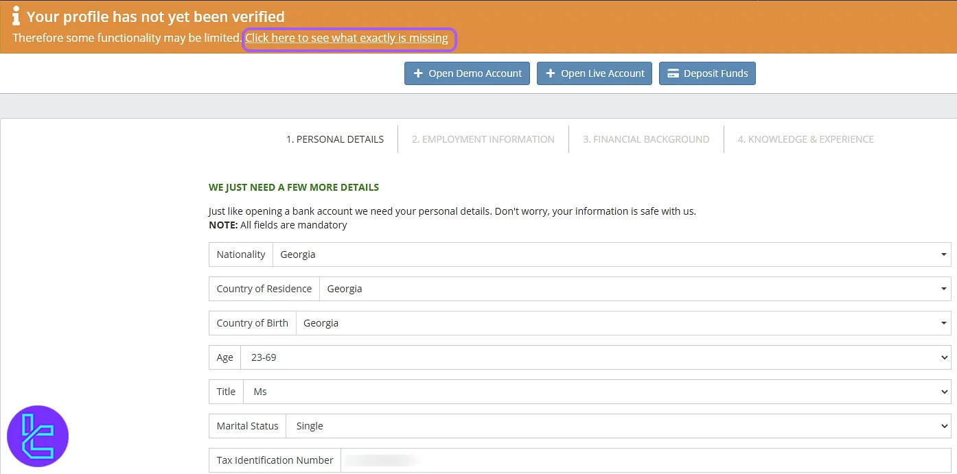 Personal details entry for BLACKWELL GLOBAL authentication
