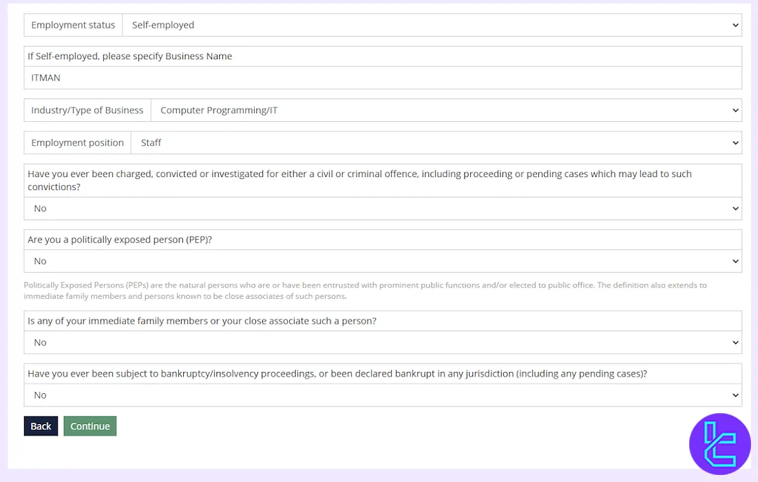 Filling in employment details for BLACKWELL GLOBAL KYC