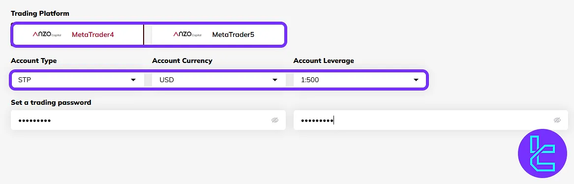 Anzo Capital trading settings and password setup screen during the account creation process
