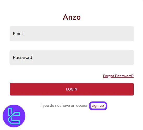 Anzo Capital login page with the "Sign Up" button