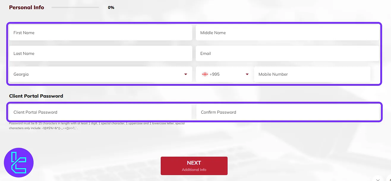 Anzo Capital sign-up form with contact info and password fields
