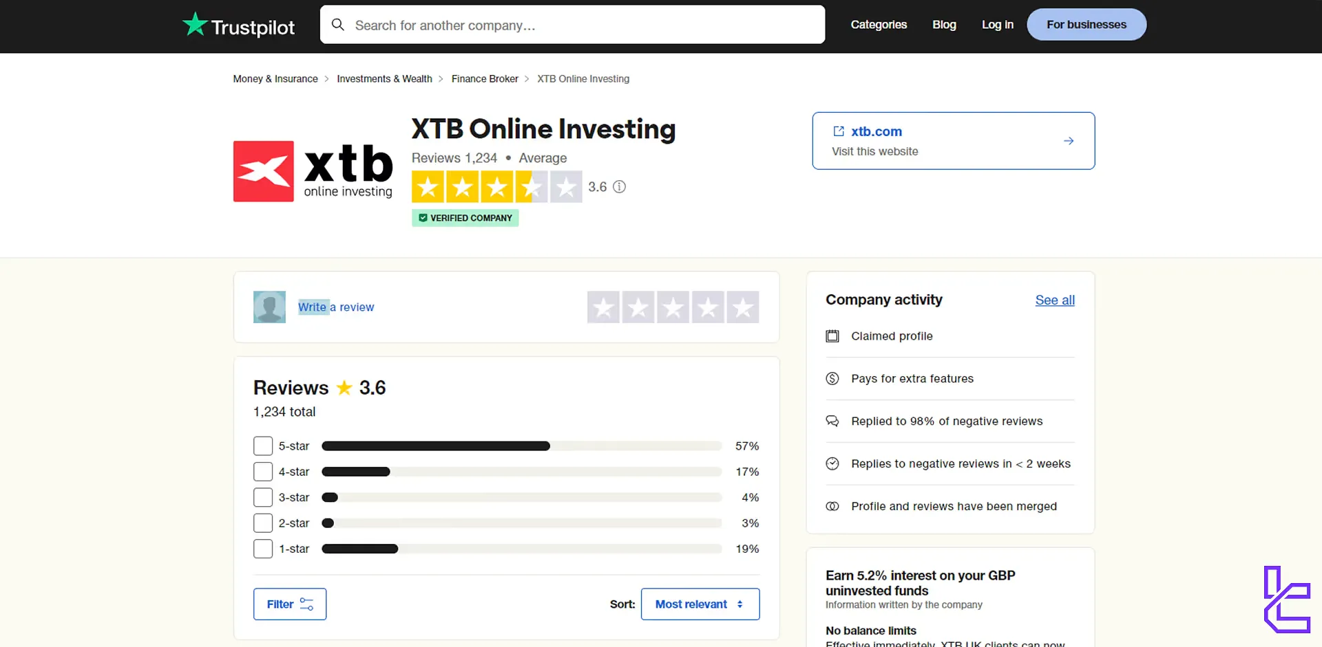 XTB Trustpilot score