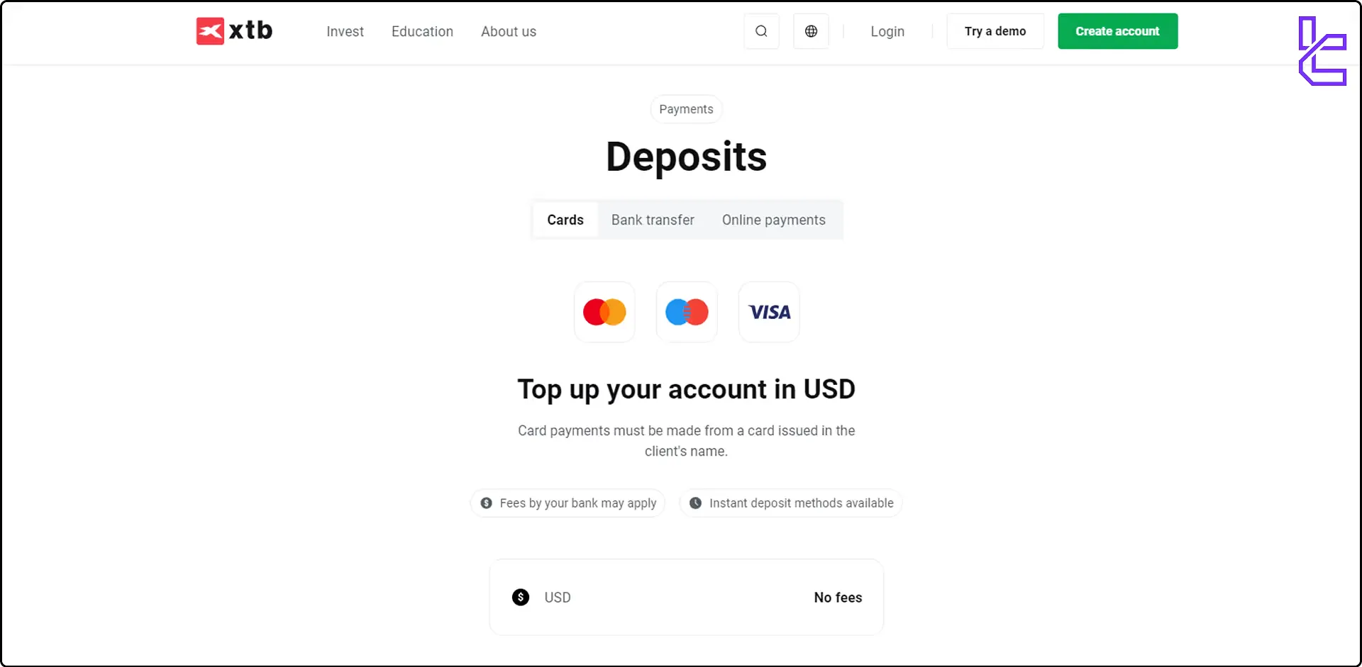 XTB deposit methods