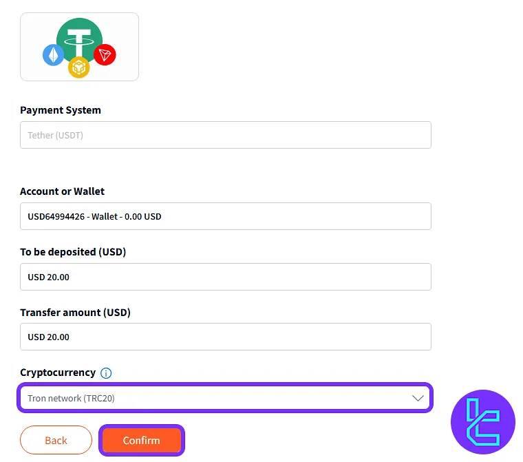 selecting TRC20 transfer network for FXTM crypto funding