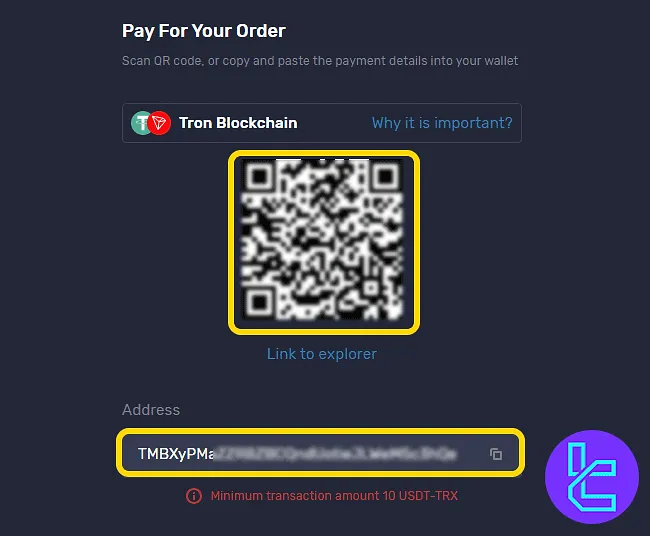 Transfer USDT to FXTM using the displayed TRC20 wallet address or scan the provided QR code