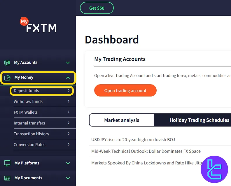 FXTM TRC20 funding from the account dashboard