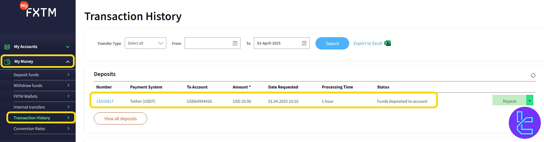 FXTM TRC-20 payment history and transaction confirmation process