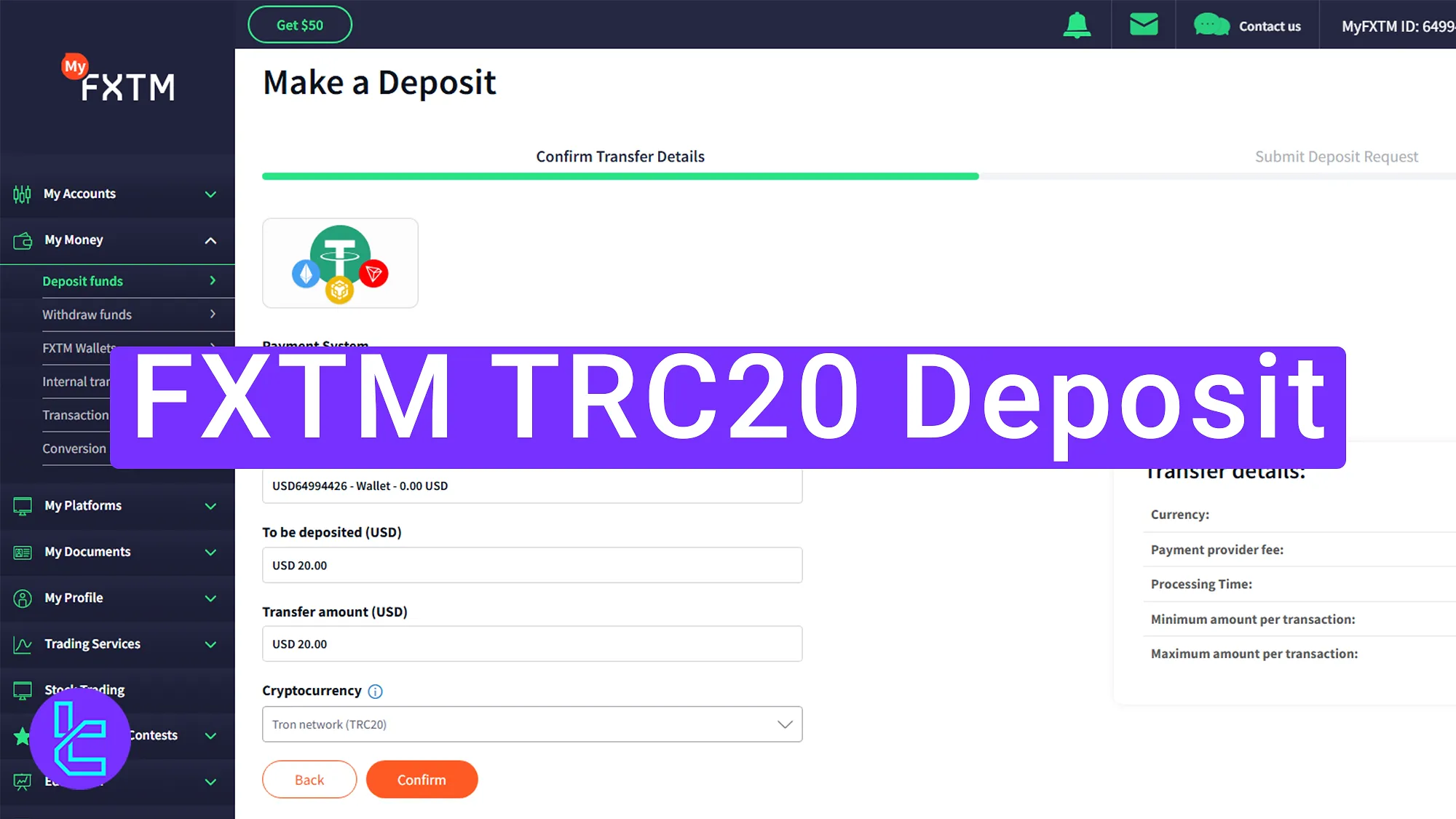 How to fund FXTM account via TRC20 crypto transfer