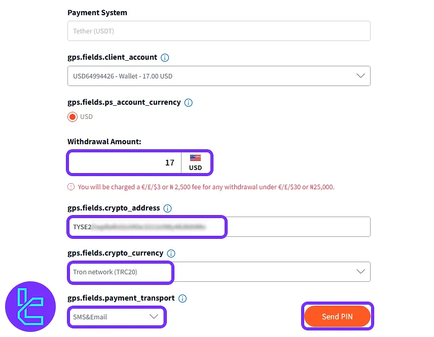 FXTM cash-out form for TRC20 network and wallet information