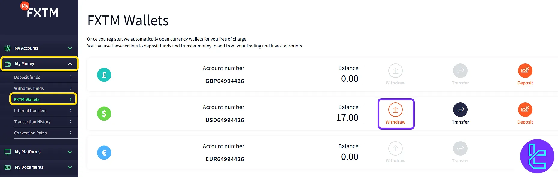 FXTM TRC20 withdrawal from the dashboard